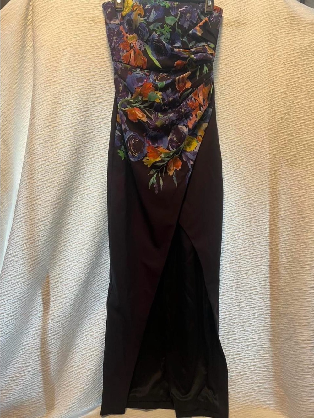 Badgley Mischka Floral Strapless Gown in Black with Floral Bodice Accents